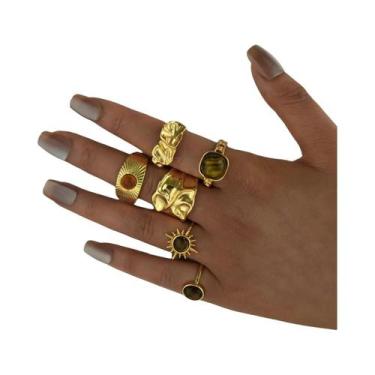 Imagem de Conjunto De 6 Anéis Abertos Femininos Vintage Com Pedra Olho De Tigre 