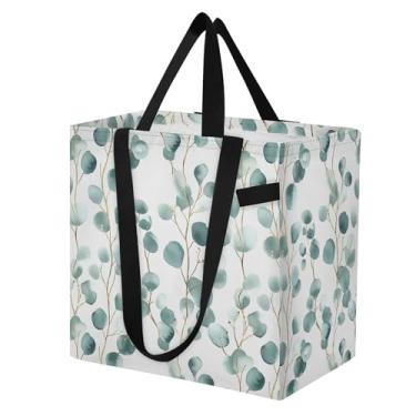 Imagem de SEHANY Sacolas de compras reutilizáveis de folhas verdes com alças reforçadas, bolsa de compras de lona dobrável à prova d'água de grande capacidade para viagem, cozinha, praia