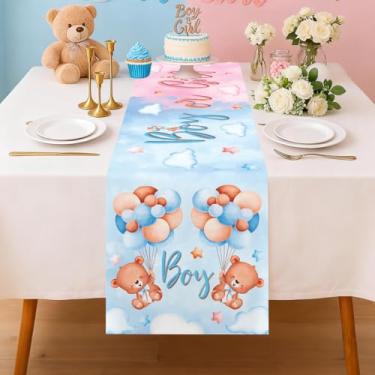 Imagem de Corredor de mesa revelador de gênero, decoração de revelação de gênero para menino ou menina, urso de pelúcia azul rosa grande bandeira de mesa retangular para chá de bebê, casamento, banquete, festa