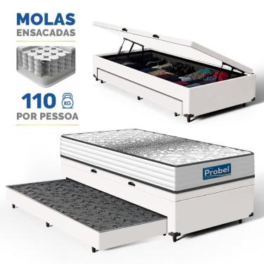 Imagem de Cama Box Baú com Colchão de Molas Ensacadas Double Face Essence Probel + Auxiliar Solteiro 88cm