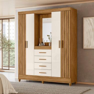 Imagem de Guarda Roupa Capelinha Solteiro Frisado com Espelho 4 Portas 4 Gavetas e Pes Atenas Moval