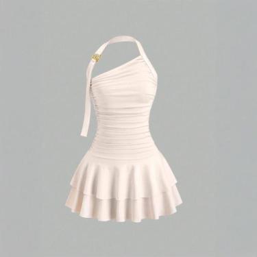 Imagem de Vestido Curto Em Suplex Saia Franzido com Aviamento Cor:Off whiteTaman