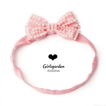 Imagem de Faixa Infantil com Laço de Pérolas e Strass  Tiara Bebê Elástica  Laço