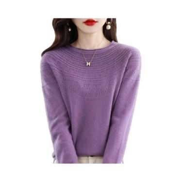 Imagem de Suéter Feminino De Lã Merino 100% Tricotado Com Gola Redonda E Detalhe