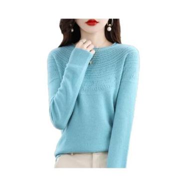 Imagem de Suéter Feminino De Lã Merino 100% Tricotado Com Gola Redonda E Detalhe