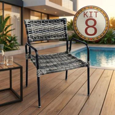 Imagem de Conjunto 8 Poltronas Porã Junco Sintético Aço Preto Com Braços Para Jardim Varanda - Ja...