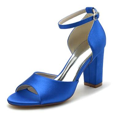 Imagem de Sapatos de noiva femininos de salto alto grossos sapatos de marfim sapatos de cetim sapatos sociais sapatos de salto alto 36-43,Blue,7 UK/40 EU