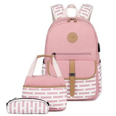 Imagem de LuckyWin kit mochila escolar infantil menina mochila feminina grande impermeável lancheira termica feminina estojo pequeno conjunto de três peças Carregamento USB Interface de cabo