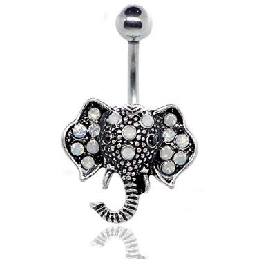 Imagem de Pierce2GO Anel de botão de barriga de elefante de 14 g prata com pedra de opala falsa branca piercing corporal feminino anel de umbigo 316L barra de aço cirúrgico 7/16