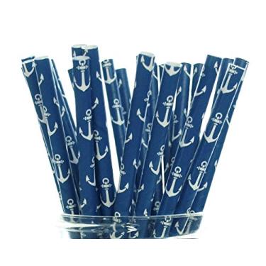 Imagem de Canudos náuticos de âncora (pacote com 25) – Canudos de papel com âncoras do mar, suprimentos para festa de marinheiro, canudos de bebida Ahoy Matey
