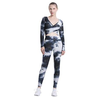 Imagem de Yajun Tie-dye roupa de ioga feminina tops de manga comprida cintura alta leggings de elevação de bumbum respirável stretch fitness ciclismo roupas esportivas, cinza, 2GG (peito: 45cm)