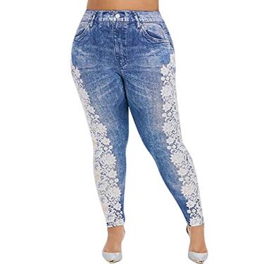 Imagem de Calça legging de cowboy plus size com estampa de cintura elástica feminina casual plus size para mulheres jeans da moda, Azul, 5G