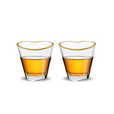 Imagem de RUGLUSH Copos de shot em forma de coração com borda dourada, pacote com 2, copos de shot de soju coreano, conjunto de copos de shot de coração transparente para bebidas Soju Whisky Vodka Espresso,