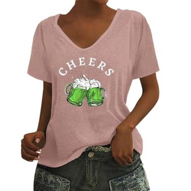 Imagem de Camiseta feminina do dia de São Patrício com estampa de trevo da bandeira irlandesa, túnica verde, camiseta de verão de manga curta, rosa, M