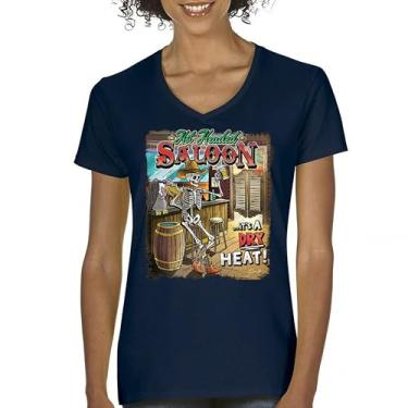 Imagem de Camiseta feminina Hot Headed Saloon gola V But its a Dry Heat Funny Skeleton Biker Beer Drinking Cowboy Skull Southwest Tee, Azul marinho, GG