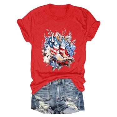 Imagem de Camisetas femininas PKDong 4 de julho, taças de vinho, bandeira dos EUA, gola redonda, camisetas femininas, Vermelho, GG