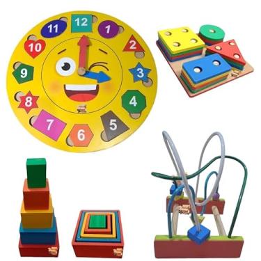 Imagem de Kit Brinquedo Pedagógico Em Madeira Prancha Seleção + Relógio De Encaixe + Aramado M + Cubo De Encaixe (Kit Relógio)