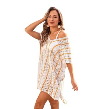 Imagem de Camisa de praia Crochê Maiô Cover Up, Listrado Oco Out Verão Oco Solto Biquíni Praia Camisa Suéter type4