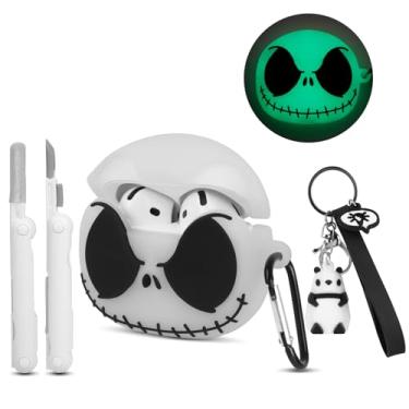 Imagem de CCXNAS Capa para Airpods 4 com kit de limpeza e chaveiro panda, capa fofa de caveira que brilha no escuro para Apple AirPods 4ª geração, capas engraçadas de silicone macio de anime para Airpod 4