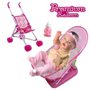 Imagem de Kit Boneca Baby Menina + Banheira Rosa Banho + Carrinho - Milk Brinque