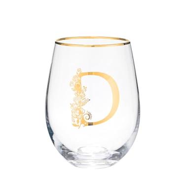 Imagem de Taça de vinho com monograma floral sem haste exclusiva gravada com inicial para tinto ou branco 425 g copo de vinho letra D - presentes para mulheres, homens, presentes de aniversário, Natal,