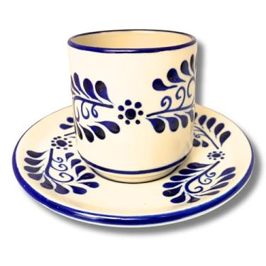 Imagem de Casa Fiesta Designs Caneca e pires de cerâmica Talavera - Caneca e pires mexicanos pintados à mão - Decoração mexicana autêntica - Taza Y Platão Branco