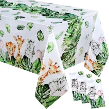 Imagem de Irenare 3 Pieces Jungle Safari Tablecloths Wild Animals Plastic Table Cover Hawaiian Luau Table Cloths for Tropical Baby Shower Zoo Birthday Party Supplies, 54 x 108 Inch
