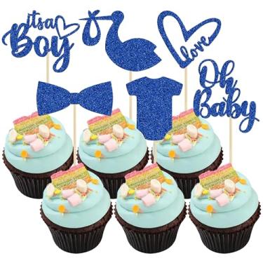 Imagem de Gyufise Pacote com 36 topos de cupcake Oh Baby It's a Boy com gravata e body de amor, coração, azul profundo, glitter, palitos de bolo, palitos para chá de bebê, meninos, artigos de festa de aniversário
