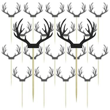 Imagem de Saktopdeco Topper de bolo de chifre de veado preto com 20 unidades, papel com glitter, enfeites de cupcake de rena de Natal, para suprimentos temáticos de decoração de festa