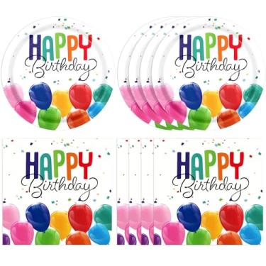 Imagem de Conjunto de artigos de festa de aniversário para decoração de feliz aniversário com design de confete de balão de aniversário, inclui pratos de aniversário e guardanapos, conjunto de talheres de papel