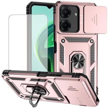 Imagem de Yodueiv Capa para Redmi 13C, capa Poco C65 com protetor de tela de vidro temperado e capa de câmera deslizante, anel magnético suporte de carro capa protetora para Xiaomi Redmi 13C ouro rosa