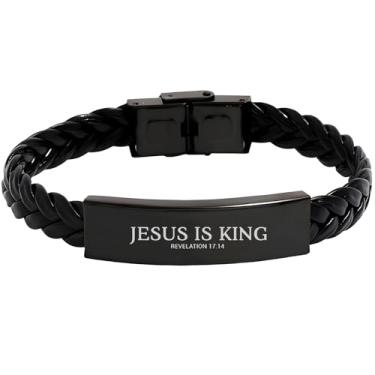 Imagem de DOMYUHAO Pulseira de couro cristão para homens e mulheres, pulseira Jesus Is My King Cruz Cristã Bíblia Faith In Christ, Metal, Sem Pedra Preciosa