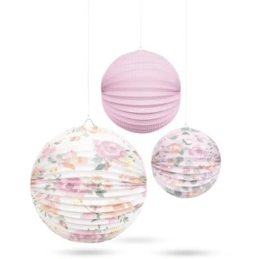 Imagem de Unique Lanternas de papel decorativas plissadas com flores rosas encantadoras - (3 unidades) - tamanhos variados e designs florais - perfeitas para aniversários, casamentos e ocasiões especiais