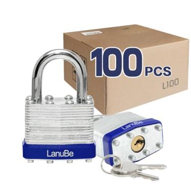 Imagem de LanuBe Cadeado laminado com chave (40 mm), cadeado com chave semelhante, manilha normal, aro de plástico azul marcado, pacote com 100