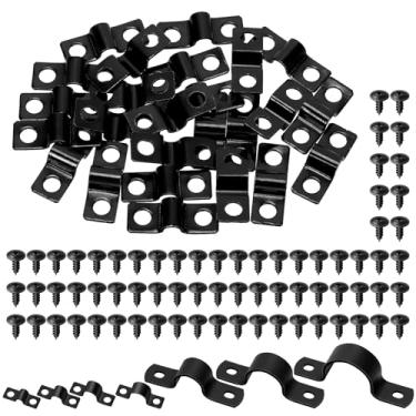 Imagem de Tanstic 25 peças de correia preta de dois furos, alça de dois furos de 3/40.6 cm, suporte em U, braçadeira de tubo rígido com cabeça de treliça modificada Phillips parafusos de madeira para fixação de