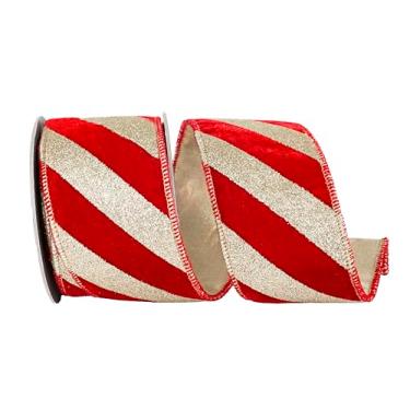 Imagem de Reliant Ribbon Barras de glitter diagonais de veludo de pelúcia fita de borda com fio, vermelho/dourado