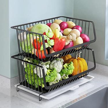 Imagem de Cesta de metal de bancada de frutas e legumes, cesta de arame empilhável preta prateleiras empilháveis suporte de armazenamento de alimentos vegetais, rack de armazenamento de vegetais de 2 camadas