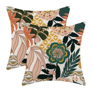 Imagem de AEIOAE Conjunto de 2 capas de almofada floral Boho 45,7 x 45,7 cm, verde rosa amarelo florescendo folhas de flores decorativas capas de almofada de linho casa de fazenda ao ar livre para sofá