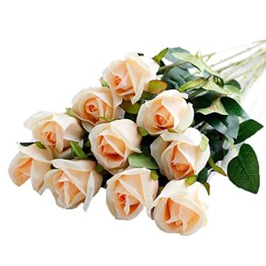 Imagem de DCYEQRQ Buquê de flores falsas, flores artificiais, 10 peças de rosas falsas, mobiliário de sala de estar, dia dos namorados, arranjos de flores, arranjo de flores, festa, chuveiro, casamento