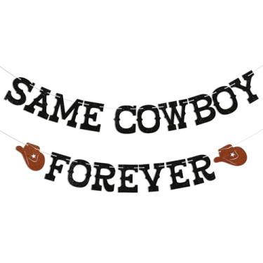 Imagem de Faixa Same Cowboy Forever - Banner de despedida de solteira com chapéu de vaca, decorações de festa de despedida de solteira de discoteca vaqueira preto com glitter