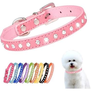 Imagem de Pimaodog Coleira de cachorro de strass camurça couro cristal diamante colorido bling menina filhote de gato coleiras PP pequenos animais de estimação (M, rosa)