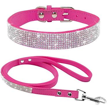 Imagem de Haoyueer Lindo deslumbrante cintilante elegante elegante camurça macia couro brilhante strass cristal jóias pet gato cão cão cão coleira combo coleira de cachorro (rosa choque, G 38-46 cm)