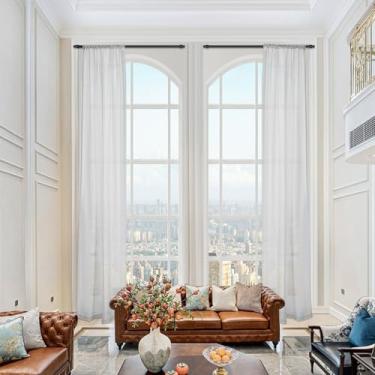 Imagem de Cortinas transparentes extralongas 144 156 168 192 204 216 240 polegadas de comprimento - 2 cortinas de andares para sala de estar alta celling janela longa casamento - cor cinza branco (2 painéis