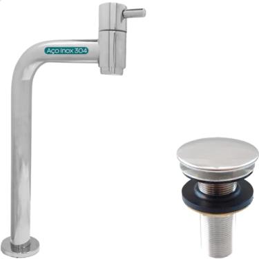 Imagem de Dona D Cor, Torneira Bica Alta Pia Banheiro Cromada 90 Graus 7/8 De Volta E Valvula Click 7/8 Inox Kit Banheiro Torneira Fria 90° Simples e Ralo Pia Escoamento