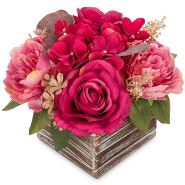 Imagem de Arranjo de flores com vaso de madeira flores artificiais em vaso de 20 cm - flores falsas rosas peônias hortênsias em vaso de madeira em vaso de flores artificiais centros de mesa para decoração de