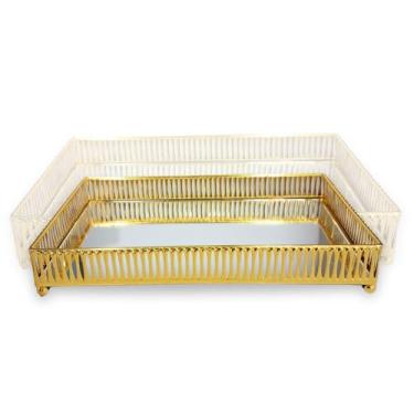 Imagem de Bandeja Decorativa Retangular Luxo Espelhada em Metal Estampa Grelha para Lavabo, Banheiro e Decoração de Mesa (Dourada)