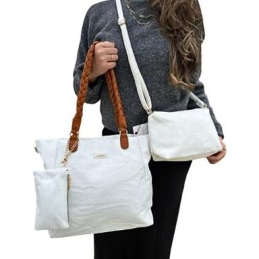 Imagem de Kit 3 Peças Bolsa Grande Feminina Zíper Alça Trança Trançada Tote Nece