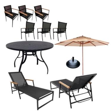 Imagem de Kit Conjunto de Jardim Mesa 1,40m Aluminio + 6 Cadeiras Area Externa + 2 Espreguiçadeiras Piscina Alumínio Tela Sling e Guarda Sol (Bege)