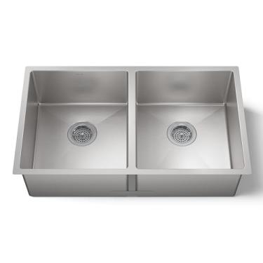 Imagem de KOHLER K-5281-NA Strive 32 X 18-1/4 X 9-5/16 polegadas Pia de cozinha dupla igual com suporte de bacia, aço inoxidável, pacote com 1
