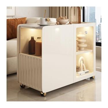 Imagem de Mesa lateral de sofá, mesa lateral de sofá, aparador, estilo creme, armário de armazenamento, aparador de canto, mesa de centro removível ultra estreita, armário lateral criativo (porta dupla)